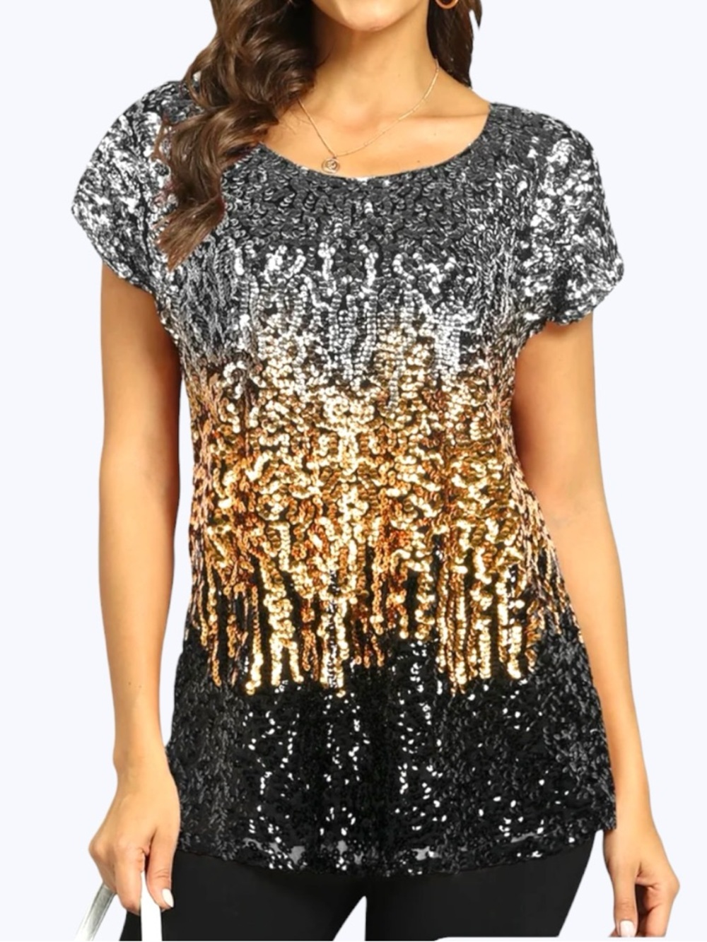 Ombre Sequin Short Sleeve Top - Silver Gold Black